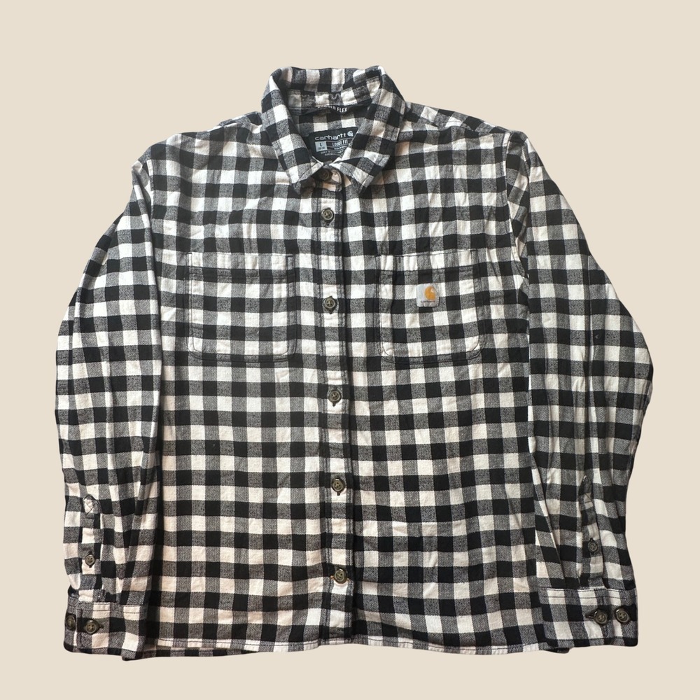 Carhartt Shirt Kids L 12/14 Rugged Flex Loose Fit Black Buffalo Plaid Flannel